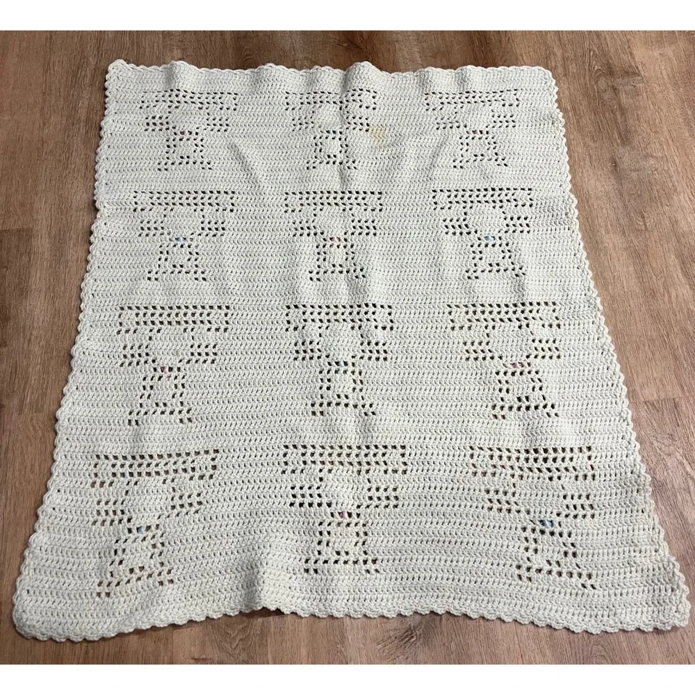 Handmade Crochet Baby‎ Blanket Cream Bows Stroller Crib Nursery Blanket